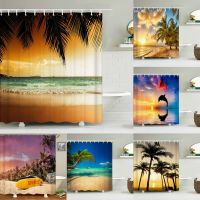 Sunset Dusk Beach Palm Tree Seaside Scenery Fabric Shower Curtain Waterproof Bath Curtains for Bathroom Decorate with 12 Hooks