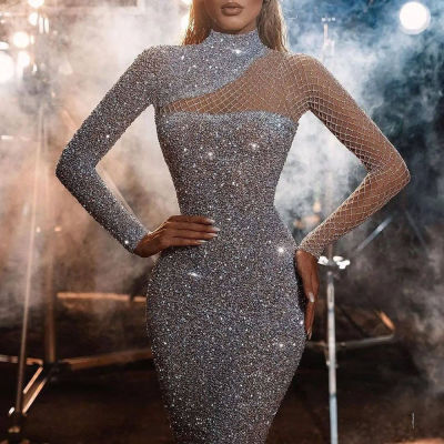 2022 Luxury Silver Color Evening Dresses Sequins Women Dress Dress One Shoulder Night Party Clothing