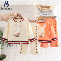 2 Pieces Girls Tops Pants Suit Cartoon Round Neck Long Sleeves Shirt Trousers Fleece-lined Set【fast】