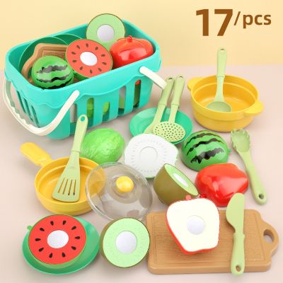 【Ewyn】17PCS ของเล่นผลไม้ ของเล่นในครัว ตัดผักและผลไม้ เครื่องใช้ในครัวจำลอง พร้อมตะกร้าเก็บของ