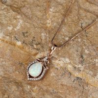 Cute Female Water Drop Birthstone Necklace White Fire Opal Stone Pendant Necklace Rose Gold Color Chain Necklaces For Women Gift