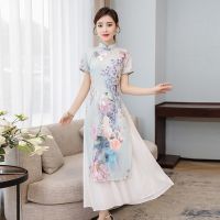 【LZ】✉  Verão elegante magro das mulheres roupas paisagem pintura cheongsam vestido branco qipao chiffon robe vestidos estilo chinês do vintage