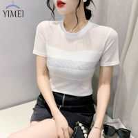 YIMEI เสื้อยืดผู้หญิงคอกลมแขนสั้นเข้ารูป,เสื้อยืดสีขาวสำหรับฤดูร้อน2023เหล็กกลวงเพชร