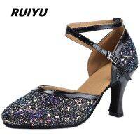 RUIYU รองเท้าเต้นรำแนวสปอร์ตสไตล์ลาตินสำหรับผู้หญิง,แฟชั่นปักเลื่อมสีขาวและดำแบบนุ่มรองเท้าเต้นรำ