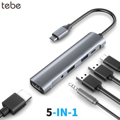 Tebe 5 IN 1ฮับ USB-C ชนิด C ถึง4K HDMI-อะแดปเตอร์3.5มมแจ็คเสียง USB C เพื่อ USB 3.0/2.0 60W Type-C แท่นวางมือถือ PD สำหรับ Macbook Feona