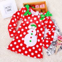 Baby Christmas Dresses for Girls Polka dot Long Sleeve Snowman Print Xmas Straight Dress Cute Toddler Kids Party Evening Costume