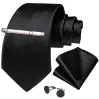 Black Solid Silk Ties for Men Fashion Men 39;s 8cm Wedding Party Necktie Set Pocket Square Cufflinks Accessories Gift Wholesale