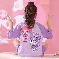 ใหม่เด็กชุดนอน Kawaii Sanrioed Kuromi Melody Cinnamoroll เด็กชุดนอนผ้าฝ้ายฤดูร้อนเด็กอะนิเมะการ์ตูน Homewear เสื้อผ้า