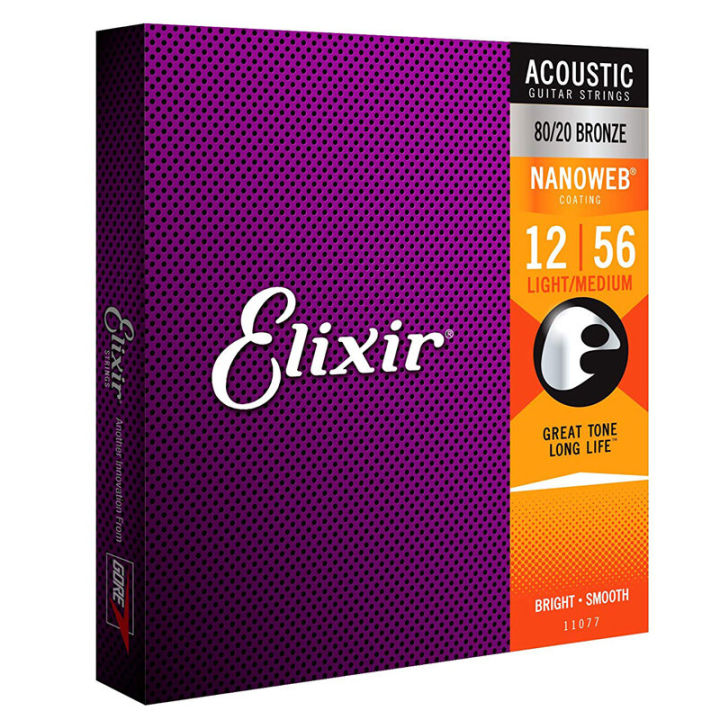 สายกีตาร์โปร่ง Elixir .012-.056 Medium Light #11077 Strings Nanoweb 80/20 Acoustic Guitar Strings