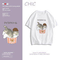 CHIC ผ้าฝ้ายแท้ เสื้อยืดแขนสั้นลายแมวน่ารัก สไตล์สบาย ๆ T0489