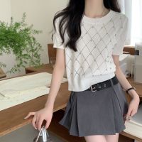 Korean style rhinestone diamond design sense niche knitwear womens summer loose Western style younger short sleeve petite top