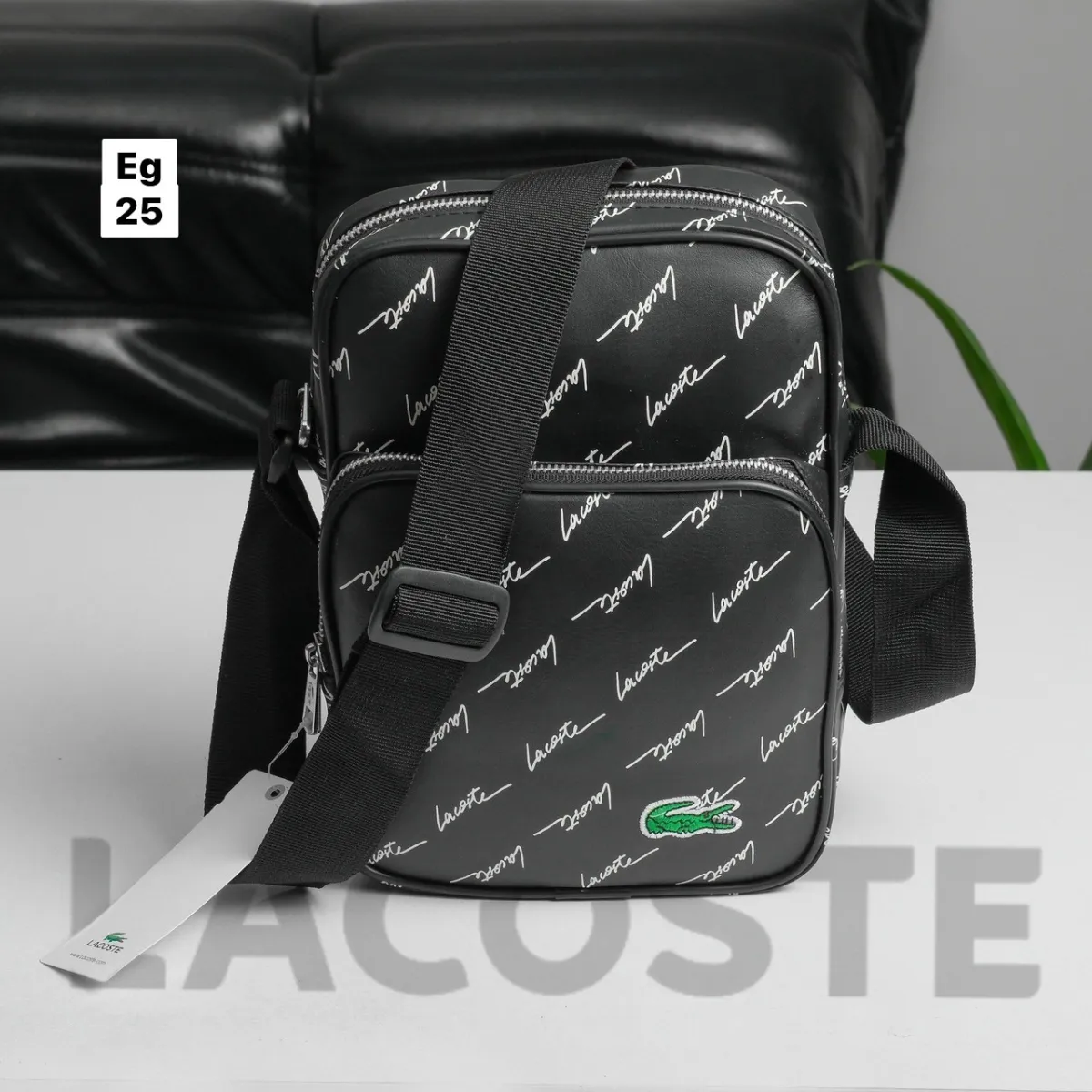 🐊กระเป๋าสะพายข้าง Lacoste ลายโลโก้ ลาคอส ของแท้ 100%✔️ สีดำ | Lazada.Co.Th