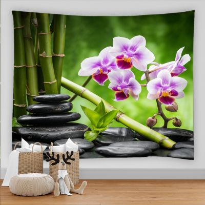 Green Bamboo Garden Decor Tapestries 3D Zen Stone Butterfly Orchid Wall Hanging Home Background Cloth Living Room Decor Asthetic