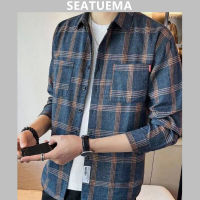 SEATUEMA เสื้อผู้ชายเกาหลีรุ่นเทรนด์ลายสก๊อตพิมพ์ลายใหม่หลวมหล่อธุรกิจลำลองผู้ชายเสื้อแจ็คเก็ตด้านบน