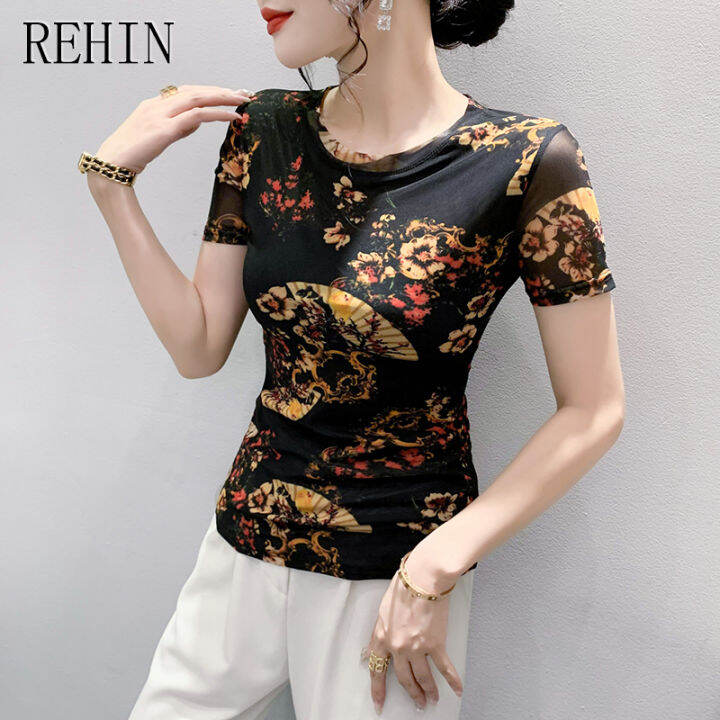 rehin-เสื้อยืดแขนสั้นลายดอกไม้ฤดูร้อนแฟชั่นตาข่ายคอกลมเสื้อเข้ารูปและเกาหลี