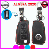 ปลอกกุญแจรีโมทรถนิสสัน Nissan Almera ปี 2020  เคสหนังแท้ ซองหนังแท้ใส่กุญแจรถยนต์กันรอยกันกระแทก สีดำด้ายแดง พร้อมโลโก้โลหะสวยหรู