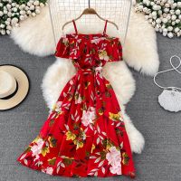 Summer Suspender Chiffon Floral Dress Women Korean Off Shoulder High Waist Midi Dresses