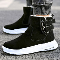 High-top Shoes Mens Winter New Style Plus Velvet Warm Cotton Shoes Thick-soled Snow Boots Mens Belt Buckle Cotton Boots Tide