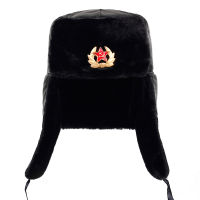 Soviet Army Military Badge Russia Ushanka Bomber Hats Pilot Trapper Trooper Hat Winter Faux Rabbit Fur Earflap Men Snow CapsTH