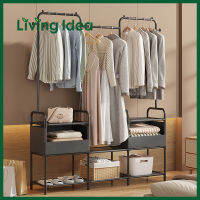 Living idea ราวแขวนเเสื้อผ้า [3in1] มีชั้นวางของและตะขอเเขวนกระเป๋า หมวก ตู้เสื้อผ้าแบบเปิด ราวผ้ามินิมอล