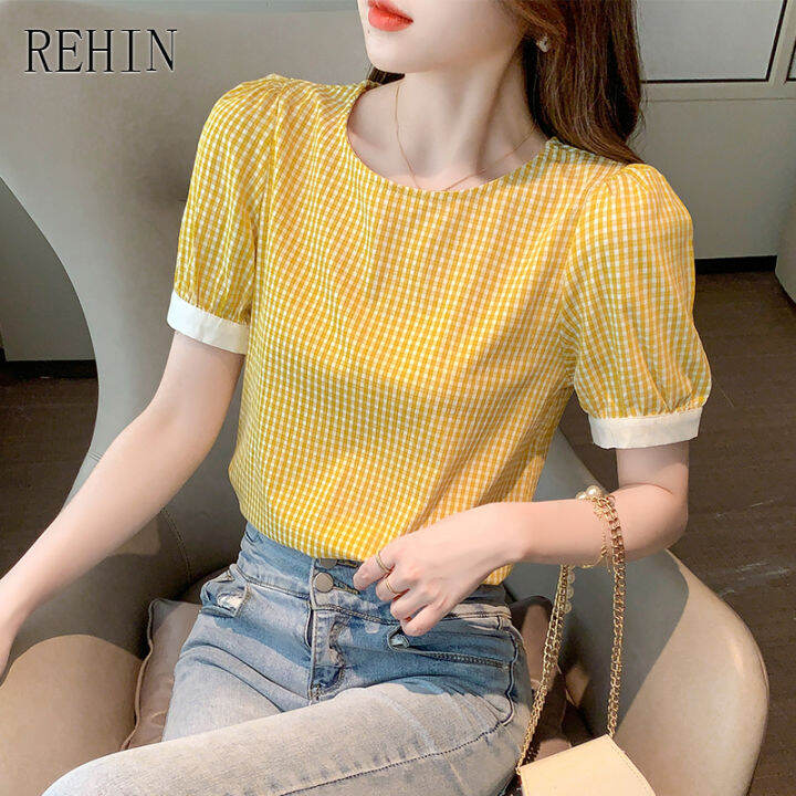 rehin-เสื้อเชิ้ตแขนสั้นลายสก็อตอเนกประสงค์ของผู้หญิง-เสื้อเบลาส์ใหม่ฤดูร้อนแบบเรียบง่ายหรูหรา