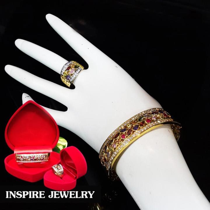 inspire-jewelry-ชุดเซ็ทแหวนนพเก้าพร้อมกำไลพลอยนพเก้าฝังเพชรcz-สองแถวบนล่าง-เพชรสวยเกรด-aaa-เพชรพลอยวิ้งเจิดจรัส-กำไลและแหวนหน้าsize-1-5cm