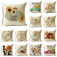 ♠ WZH Hello Fall Pumpkin Farmhouse Theme Autumn Pillowcase Thanksgiving Cushion Cover Linen Square Sofa Decor 40cm/45cm and 50cm