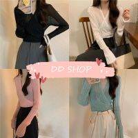 DD SHOPพร้อมส่ง 59210 เสื้อไหมพรมแขนยาว ดีเทลสายผูกเอว น่ารักเก๋ๆ