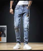 Patched Notched Jeans Mens Korean Splice Capris Spring&amp;Autumn New Fashion Casual Versatile Pants