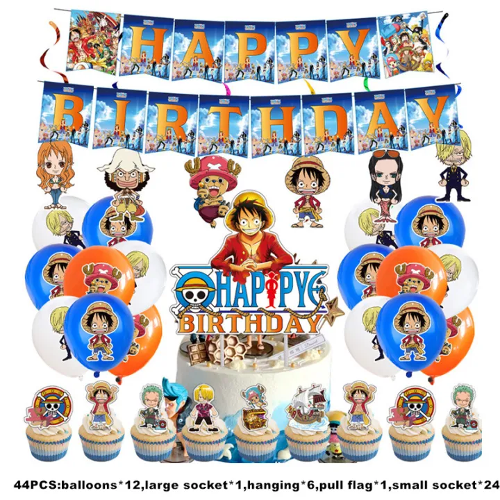 DENOSWIM 44PCS Birthday Party Decoration Cartoon Theme Luffy Balloons Set  Happy Birthday banner Cake Insert Paper Cap Party Supplies | Lazada PH