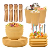 44Pcs Tableware Set Eco Friendly Cutlery Wheat Straw Plate Bowl Cups Chopsticks Fruit Fork Spoon Knife Dinnerware Travel Kitchen