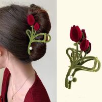 ♈ Velvet Tulip Pearl Hair Claw Wine Red Festival Fashion Hairpin Hair Crabs For Women Elegant Ponytail Hair Clips Accessories