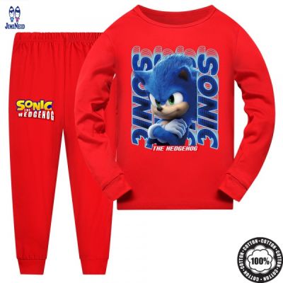 Sonic 9qvh ชุดนอน เสื้อยืดแขนยาว และกางเกง ผ้าฝ้าย ลายการ์ตูนเม่นโซนิค สองชิ้น สําหรับเด็กผู้ชาย และเด็กผู้หญิง