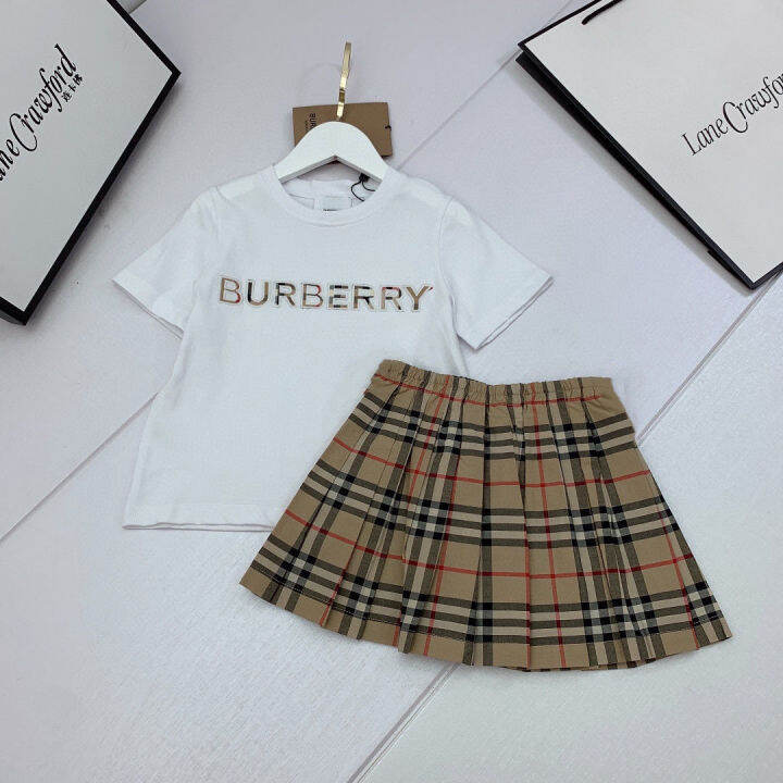 burberry-ฤดูร้อนคลาสสิกลายสก๊อตพิมพ์ชุดกระโปรงแขนสั้นสองชิ้นสไตล์ตะวันตกสาวอารมณ์ระดับไฮเอนด์