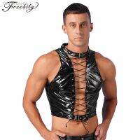 Aolzbiip49h Mens Hollow Out Eyelet Lace-Up Gothic ดูเปียกสิทธิบัตรหนังแขนกุด Crop Top clubwear