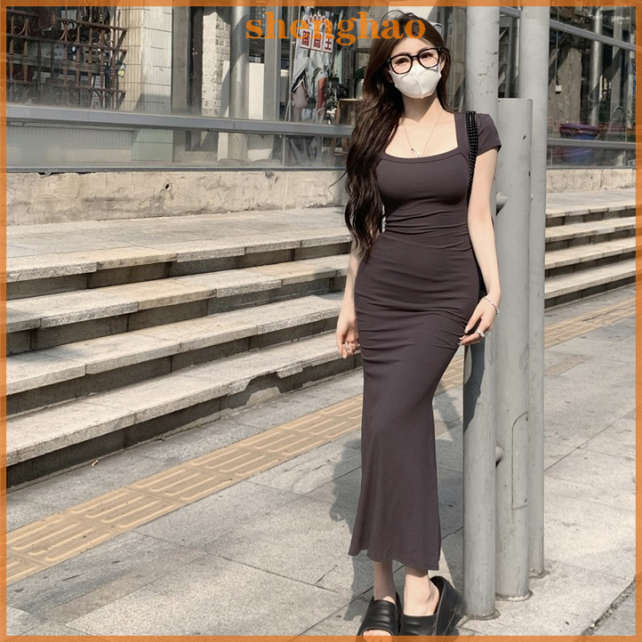 shenghao-ชุดเดรสนางเงือกสำหรับผู้หญิงชุดเดรสยาวคอปกสี่เหลี่ยมสีพื้นฤดูร้อน