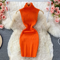 Turtleneck Knit Dress Women Fashion Autumn Solid Sleeveless Bodycon Mini Dress 2021 Fashion Streetwear Sexy Party Tight Dress