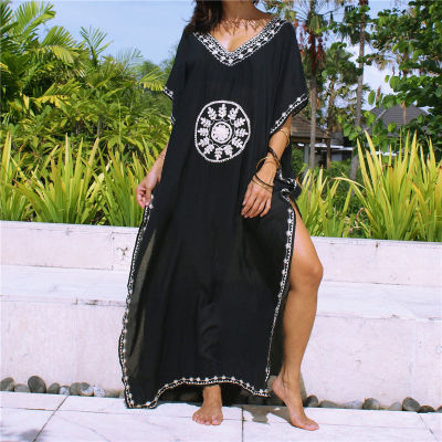 Embroidery Pareo Beach Tunic Kaftan Oversize Split Bikini Cover Up Beach Dress Sarong xy2