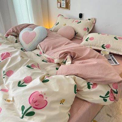 Ins Pink Tulip Bedding Set Floral Duvet Cover Flat Bed Sheet Pillowcases Single Queen Size Boys Girls No Filling Home Textile
