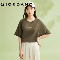 GIORDANO Women T-Shirts Letter Embroidery Exposed Seam Fashion Tee Short Sleeve Crewneck Summer Casual Cotton Tshirts 13323303