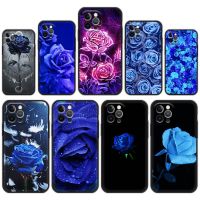 Phone Case For iPhone 13 14 12 11 Pro MAX XR X SE XS 7 8 Plus Luxury iPhone13 Capa Silicone Black Cover Fundas Blue Rose Flower  Screen Protectors