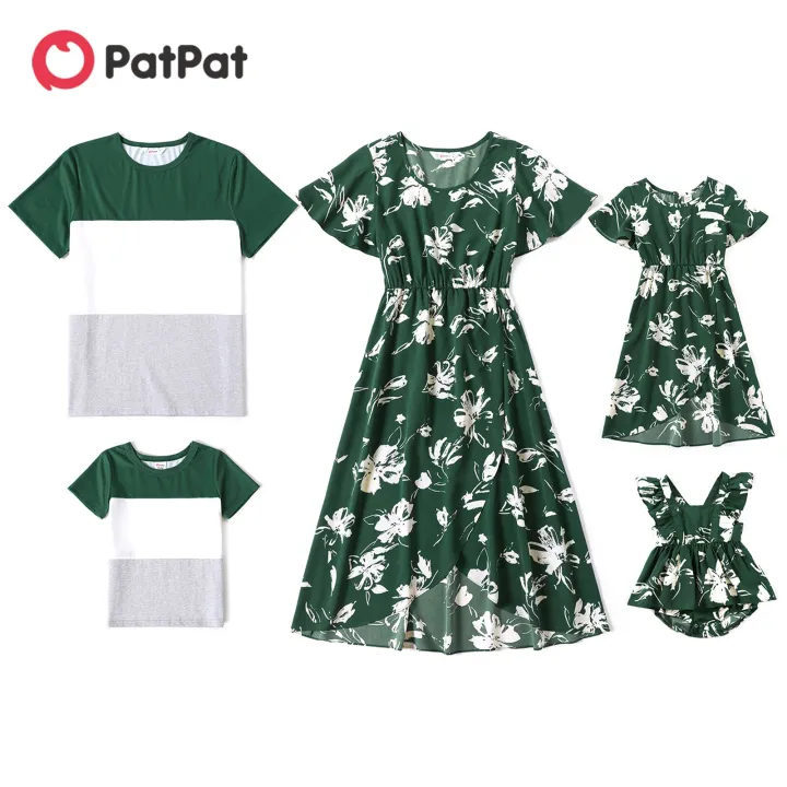 PATPAT Family Matching Outfits - Boho Floral Dress & T-Shirt Set, Sage Green, 8-9Y