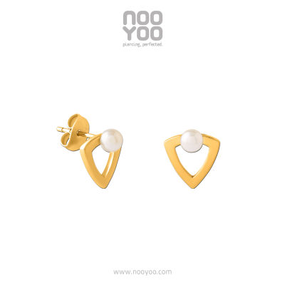 NooYoo ต่างหูสำหรับผิวแพ้ง่าย Triangle with Pearl Gold PVD Surgical Steel