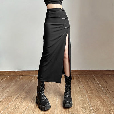 Huilun เสื้อแนวสตรีทแบบ VGoth สีดำสำหรับผู้หญิงกระโปรงกางเกงเอวสูงเซ็กซี่ผ่าหน้าแบบกอธิคแนวคาร์โก้ Y2k กระโปรงมิดีสีดำสำหรับ MODE Korea
