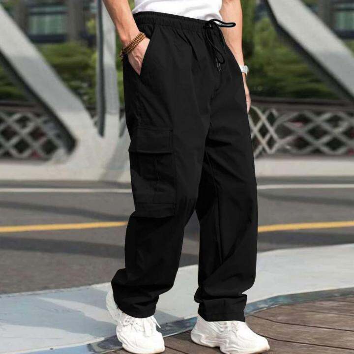 men-casual-cargo-pants-elastic-waistband-drawstring-multi-pockets-hip-hop-slacks-straight-wide-leg-long-trousers