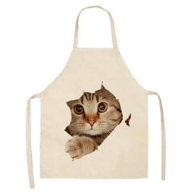 1 Pcs Lovely Cat Pattern Kitchen Apron for Women Cotton Linen Bibs Household Cleaning Pinafore Home Cooking Aprons