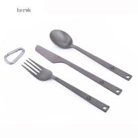 HERWK เครื่องใช้สำหรับโต๊ะอาหารกลางแจ้งตั้งแคมป์เดินป่าท่องเที่ยวแบบ3 In 1ทนทานชุดช้อนส้อมแบบพกพา