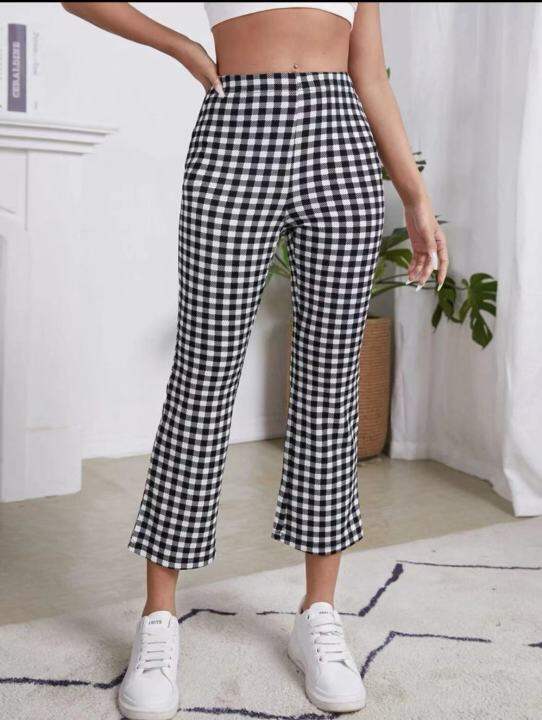 KiKiFashion--High Waist Gingham Print Flare Leg Pants | Lazada PH