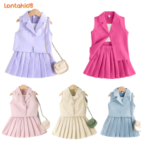 lontakids ชุด3ชิ้นสำหรับเด็กผู้หญิงเด็กน้อยชุดกระโปรงจีบแบบสั้นเสื้อกั๊กแขนกุด3-8เสื้อผ้าเด็กปีชุดเสื้อแขนยาวแฟชั่นสำหรับเด็กวัยหัดเดิน