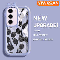 YIWESAN เคสปลอกสำหรับ Samsung S23บวก S23พิเศษเคสแฟชั่นสีดำลายดอกทิวลิปสีสันสดใสน่ารักกล้องมอนสเตอร์ตัวน้อยนิ่มสำหรับเลนส์กันกระแทกแบบใสเคสมือถือความคิดสร้างสรรค์โปร่งใสเคสป้องกันซิลิโคนเรียบง่าย